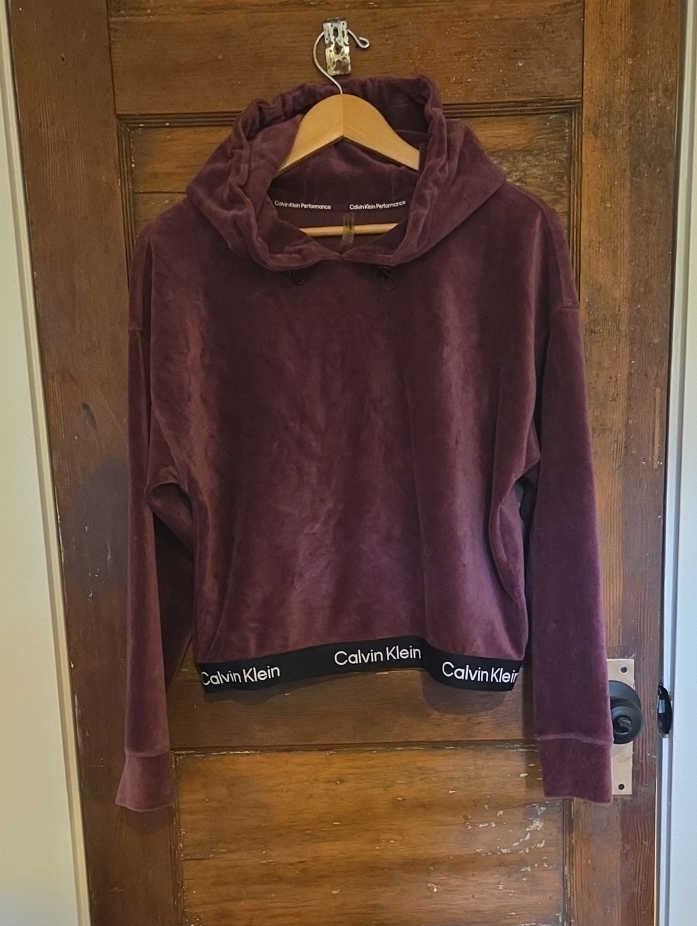 Calvin Klein Velvet Pullover Hoodie in Deep Plum